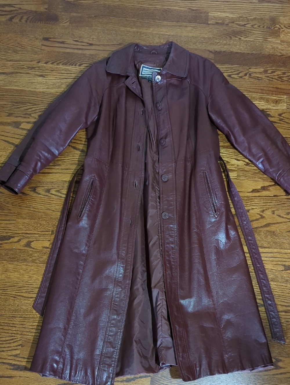 Vtg 70s Suburban Heritage Burgundy oxblood Leather Chic Trench Coat Tie Belt - Picture 10 of 14